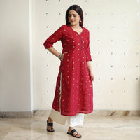 Red - Polka Zari Buti Spun Dupion Silk Long Straight Kurta 02