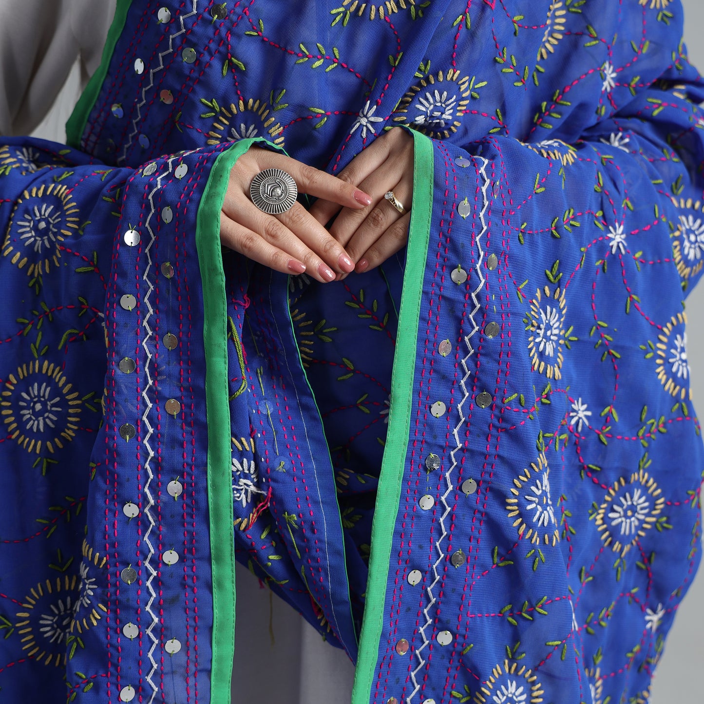Blue - Ranihati Georgette Chapa Work Phulkari Embroidered Dupatta 78