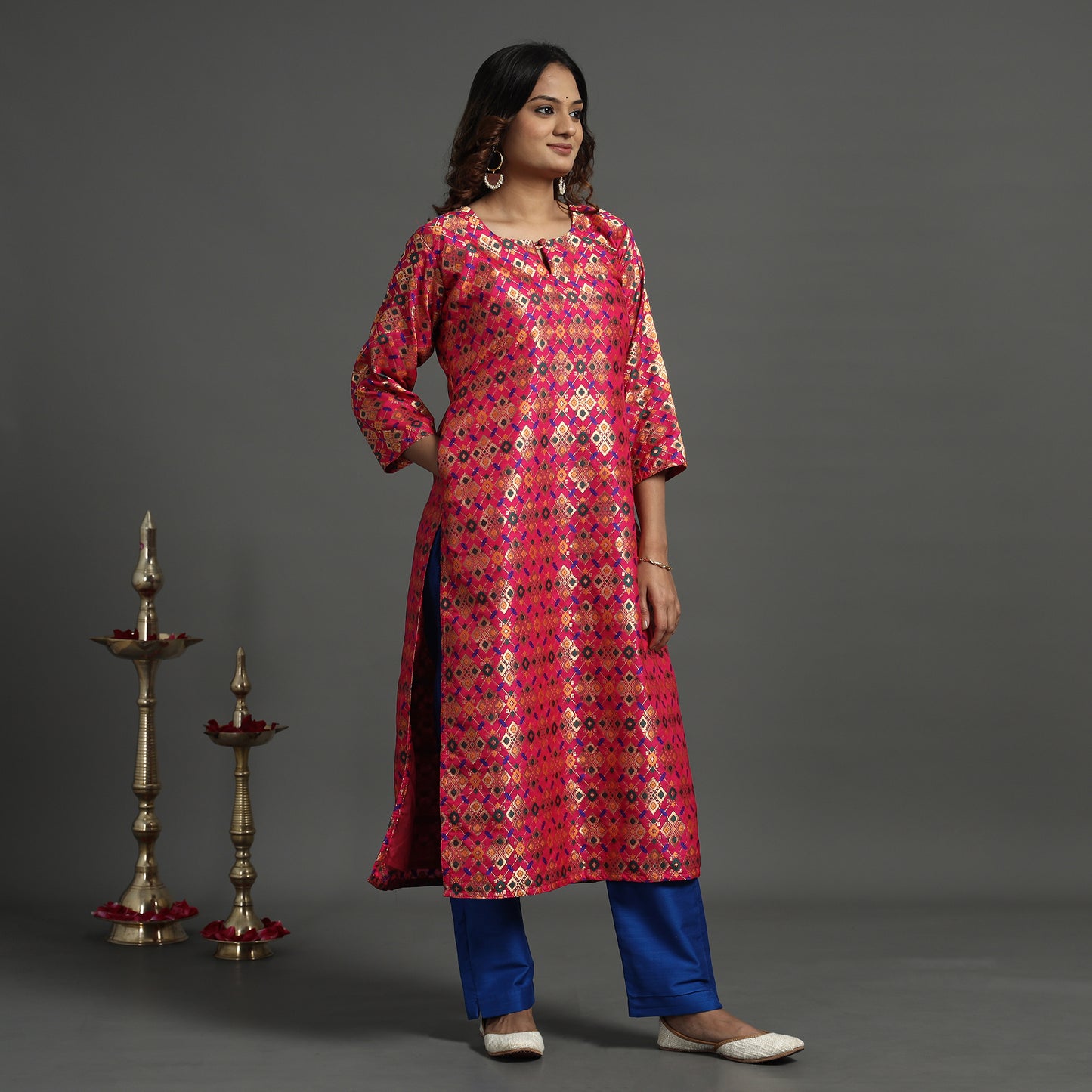 Dark Pink - Elegant Banarasi Brocade Silk Kurta with Pant Set