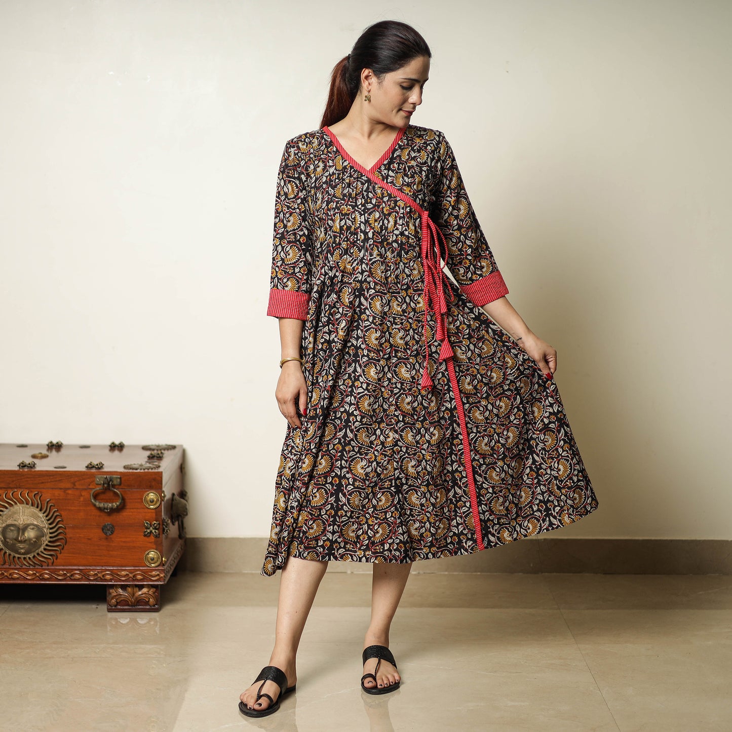 Black - Bagru Block Printed Cotton Angrakha Flared Dress 09