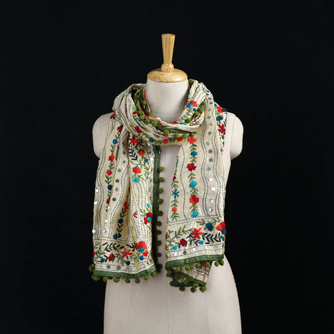Ranihati Chanderi Silk Hand Embroidered Stole with Pom Pom 186