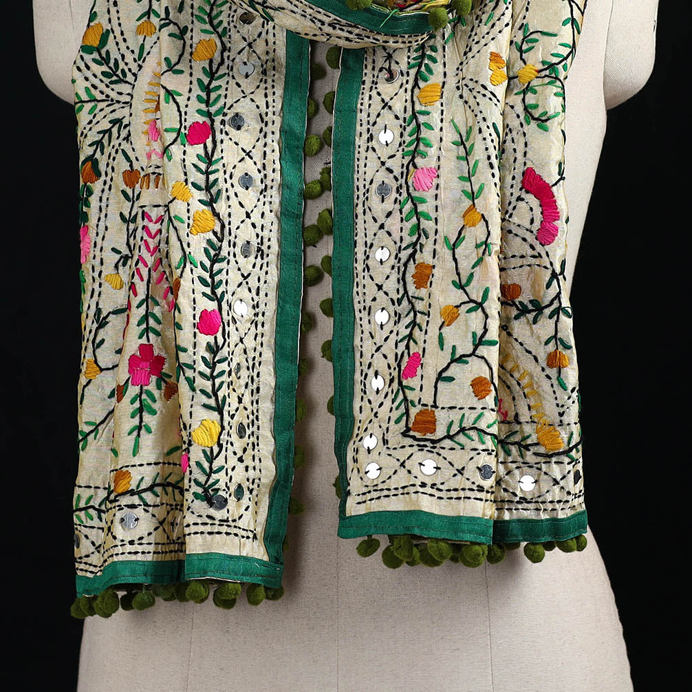 Ranihati Chanderi Silk Hand Embroidered Stole with Pom Pom 187