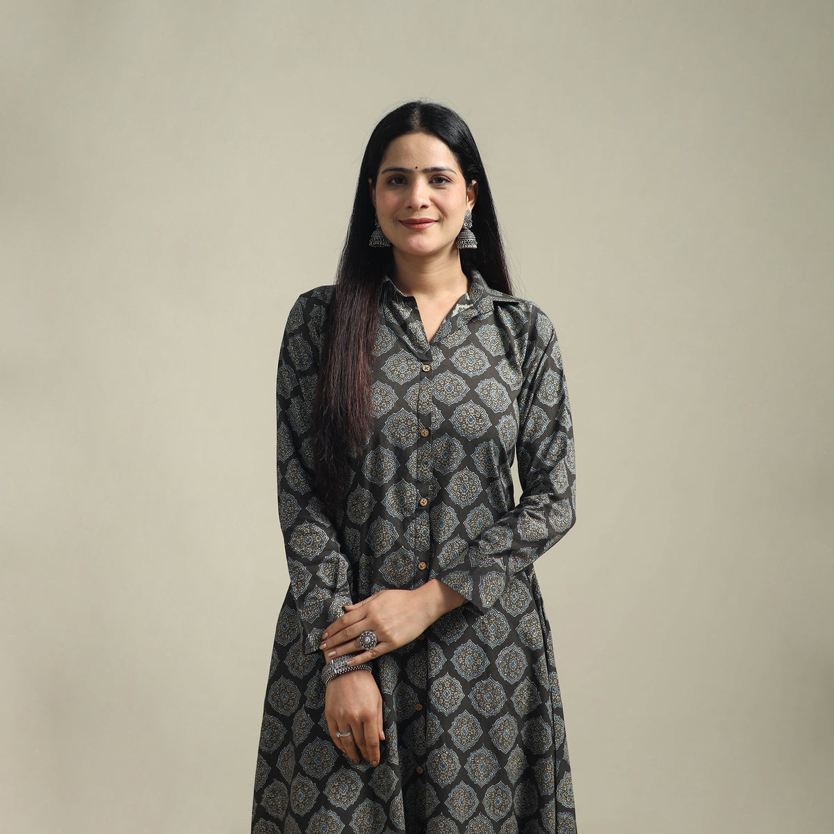 Ajrakh hand block print natural dyed cotton button down a-line long kurta for women