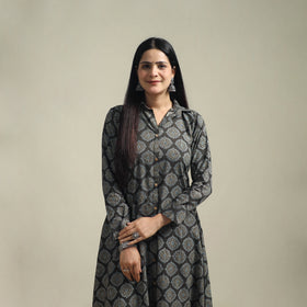 Ajrakh hand block print natural dyed cotton button down a-line long kurta for women