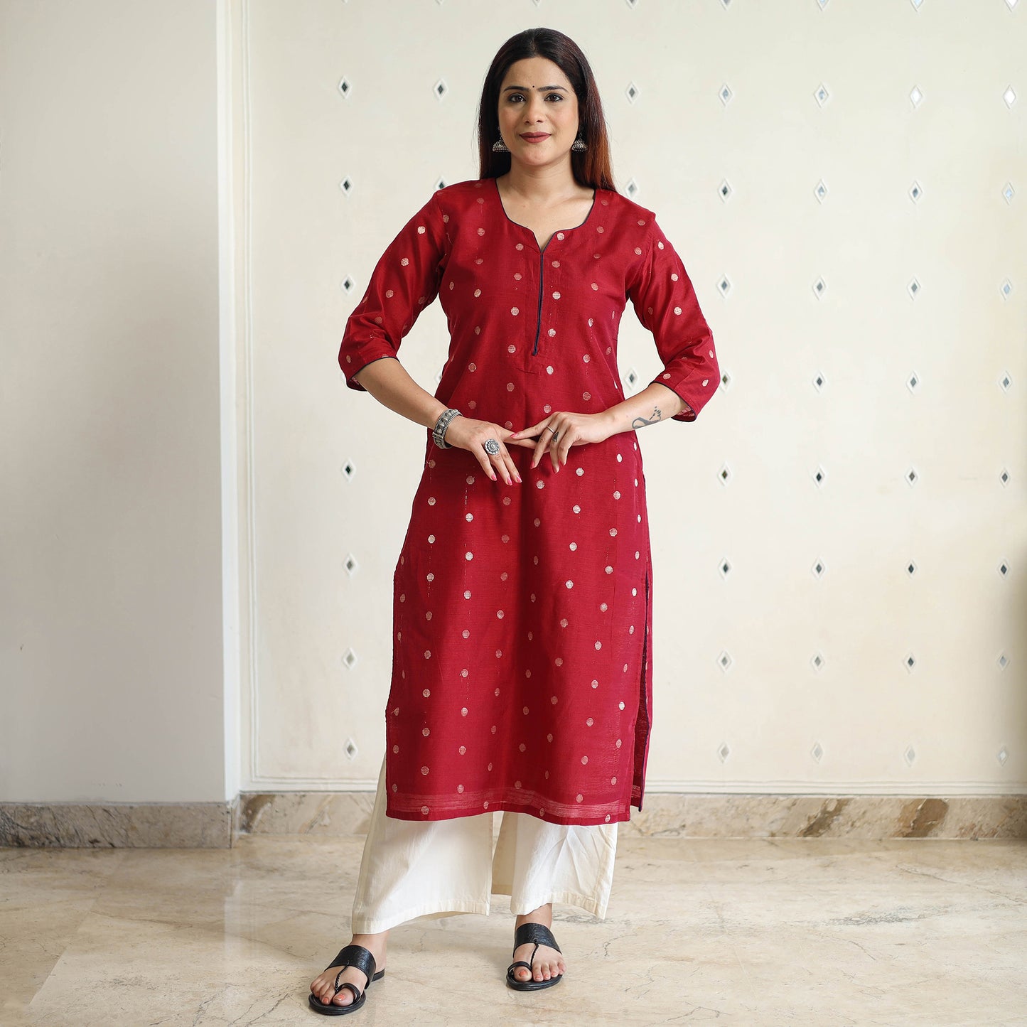 Red - Polka Zari Buti Spun Dupion Silk Long Straight Kurta 02