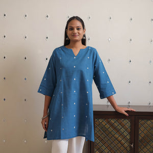 Blue - Handwoven Cotton Short Jamdani Kurta 28