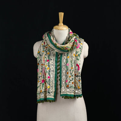 Ranihati Chanderi Silk Hand Embroidered Stole with Pom Pom 187