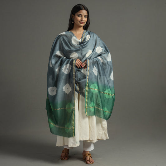 Grey - Shibori Tie-Dye Handloom Chanderi Silk Dupatta with Zari Border 54