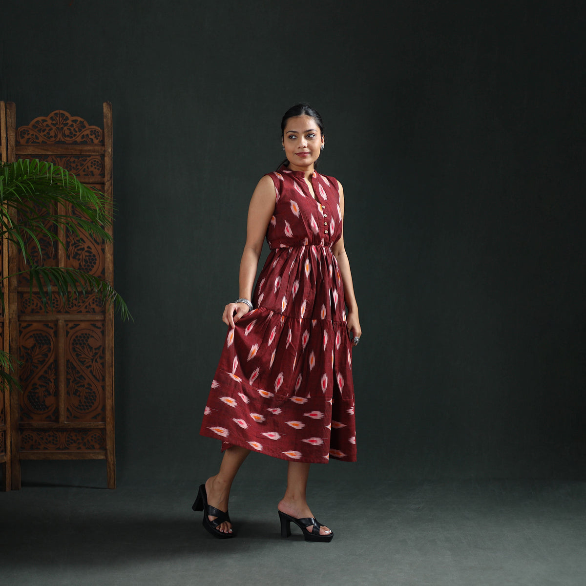 Pochampally Ikat Cotton Sleeveless Tiered Long Dress for Women 08