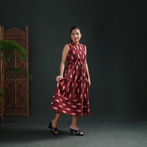 Pochampally Ikat Cotton Sleeveless Tiered Long Dress for Women 08