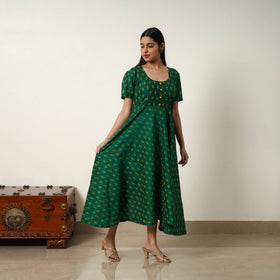 Green - Mercerized Cotton Flared Pochampally Ikat Dress 11