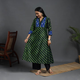 Green Chanderi Silk A-Line Patchwork Tie-Dye Leheriya Kurta for Women