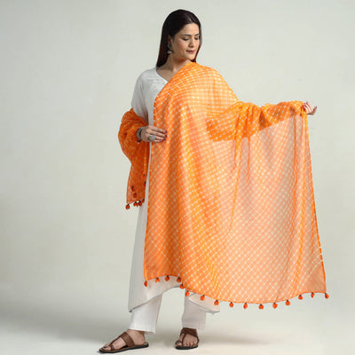 Orange - Leheriya Tie-Dye Mothra Kota Doria Cotton Dupatta with Tassels 36