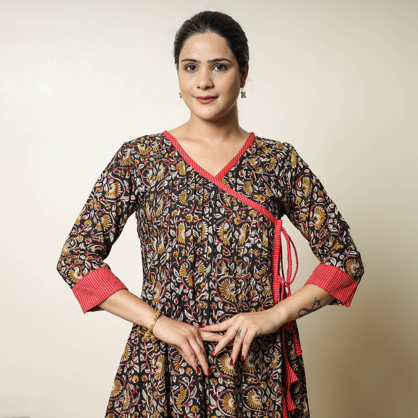 Black - Bagru Block Printed Cotton Angrakha Flared Dress 09