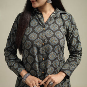 Ajrakh hand block print natural dyed cotton button down a-line long kurta for women