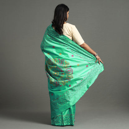 Green - Bengal Nakshi Kantha Embroidery Silk Saree