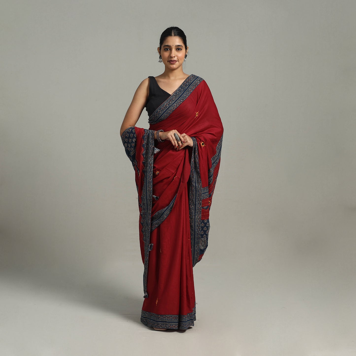 Maroon - Applique Patchwork Mul Cotton Tagai Ajrakh Saree 03