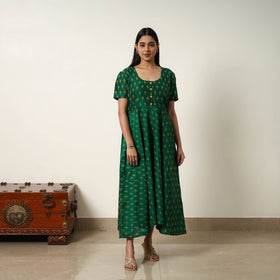 Green - Mercerized Cotton Flared Pochampally Ikat Dress 11
