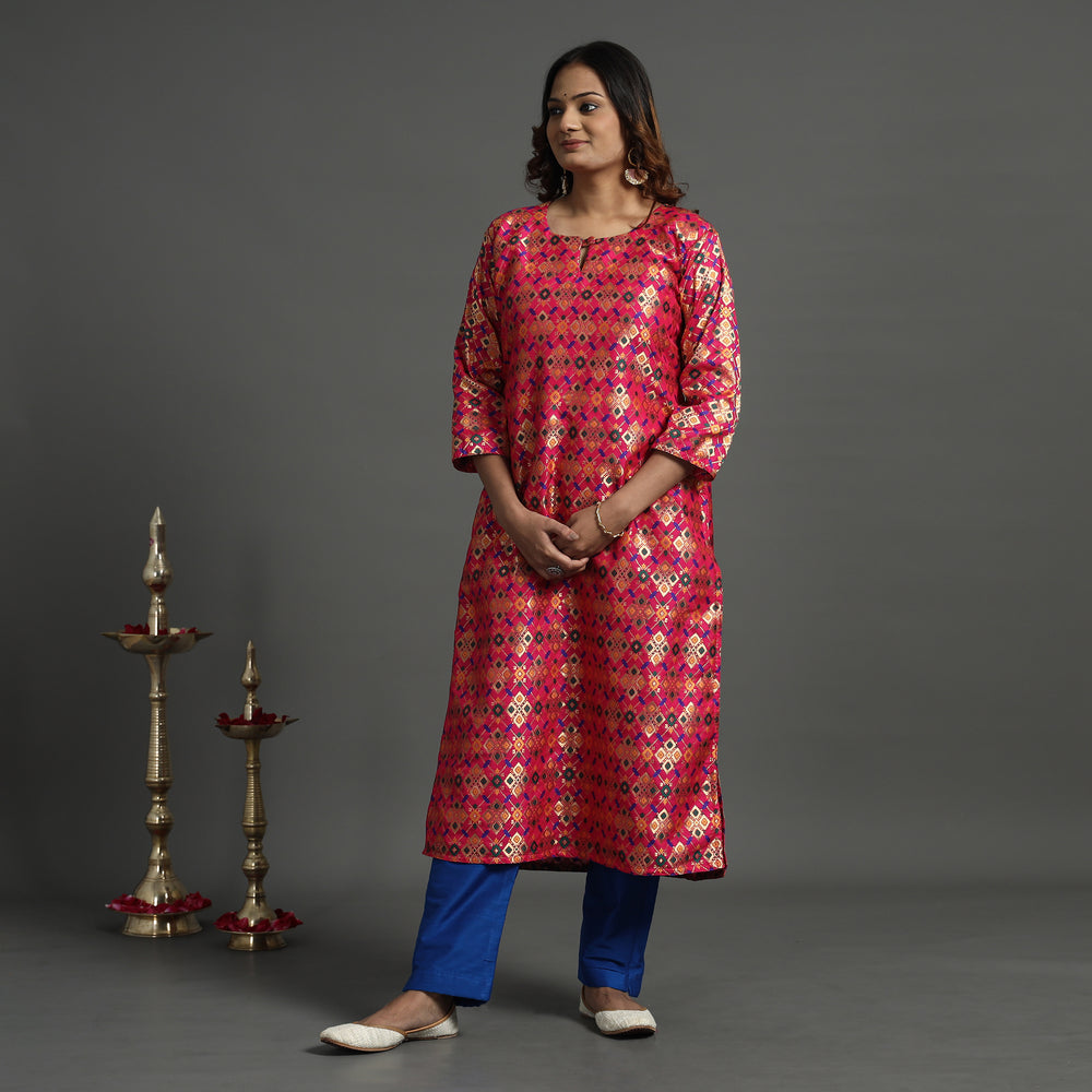 Dark Pink - Elegant Banarasi Brocade Silk Kurta with Pant Set