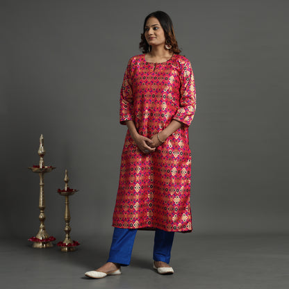 Dark Pink - Elegant Banarasi Brocade Silk Kurta with Pant Set