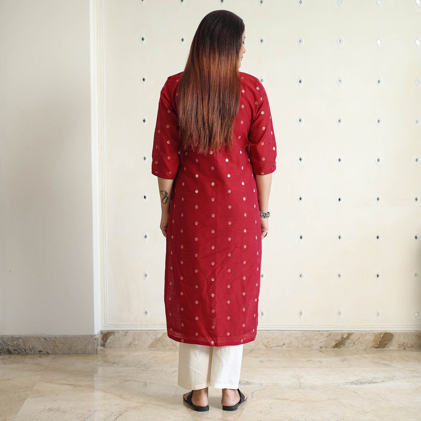 Red - Polka Zari Buti Spun Dupion Silk Long Straight Kurta 02