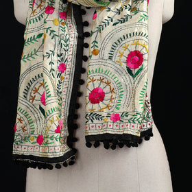 Ranihati Chanderi Silk Hand Embroidered Stole with Pom Pom 189