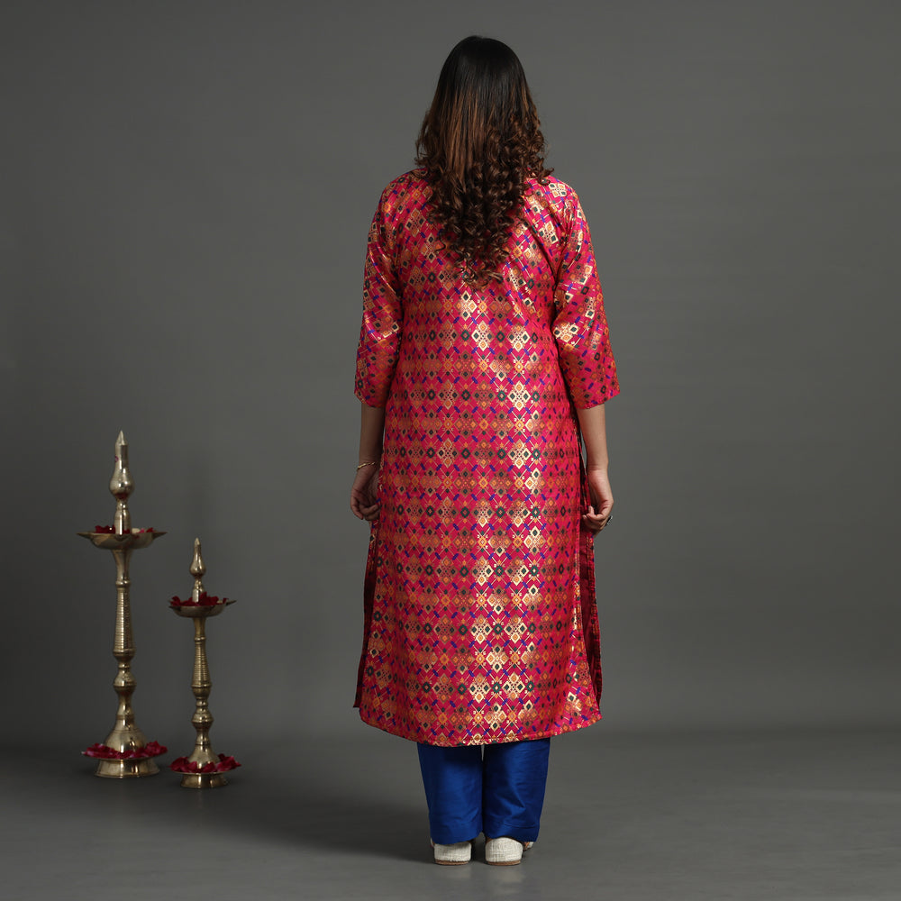 Dark Pink - Elegant Banarasi Brocade Silk Kurta with Pant Set