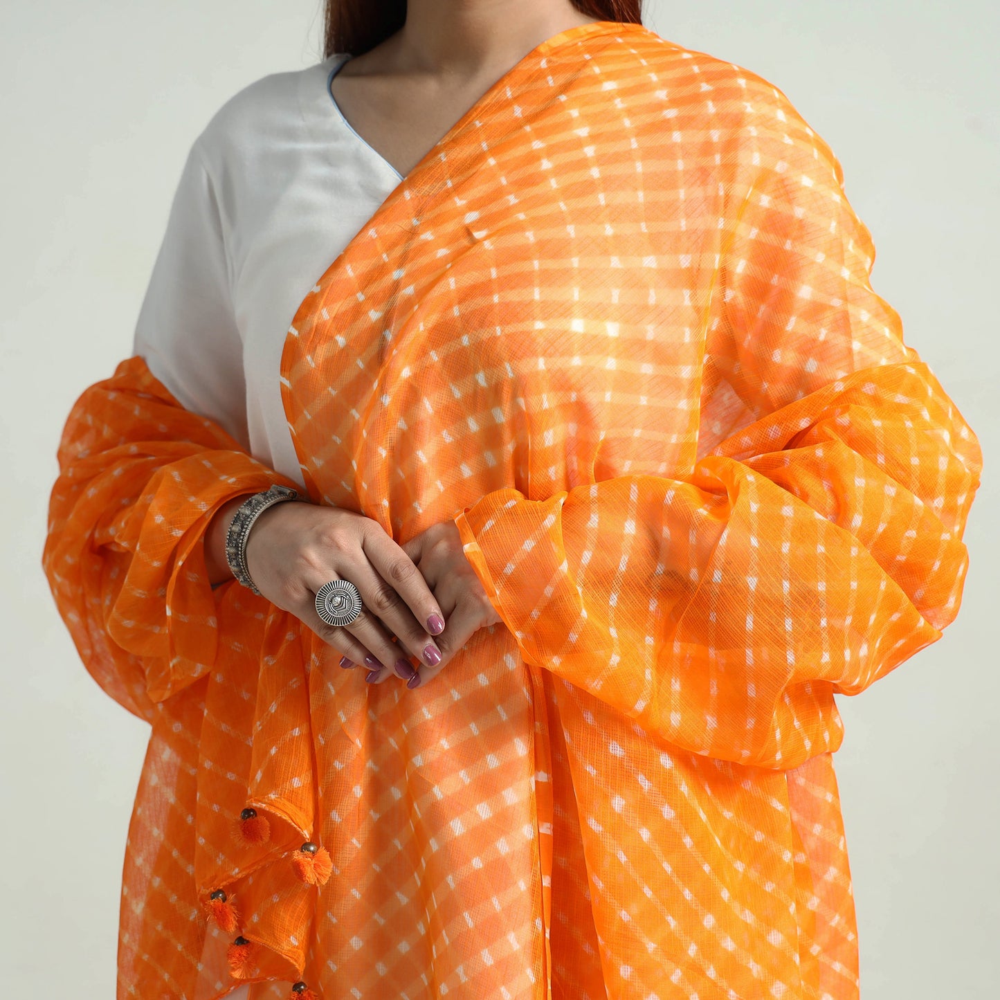 Orange - Leheriya Tie-Dye Mothra Kota Doria Cotton Dupatta with Tassels 36