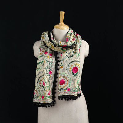 Ranihati Chanderi Silk Hand Embroidered Stole with Pom Pom 189