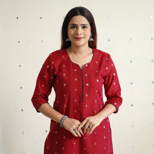 Red - Polka Zari Buti Spun Dupion Silk Long Straight Kurta 02