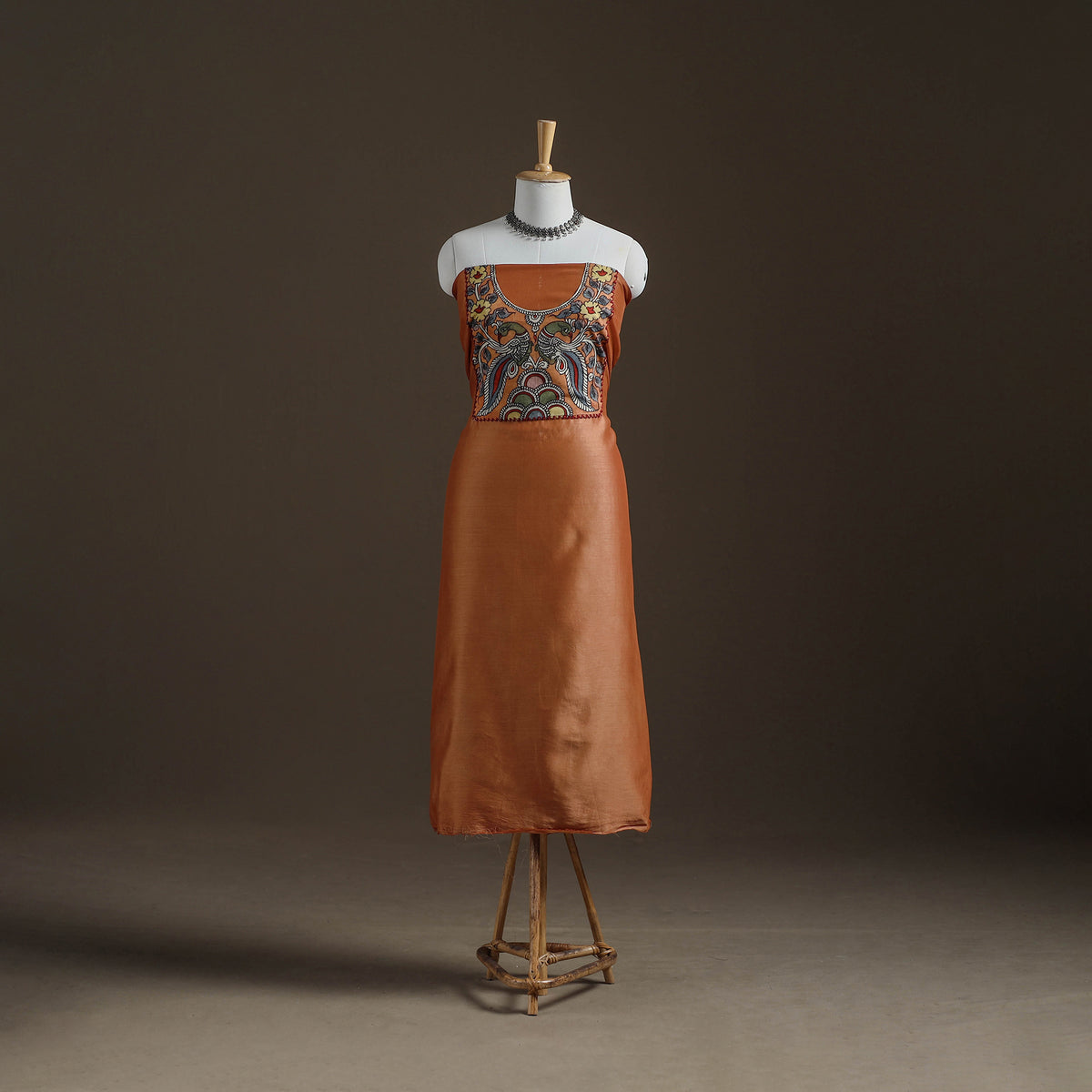 Orange - Handpainted Srikalahasti Handloom Chanderi Silk Unstitched Kurta (2.3M) 12
