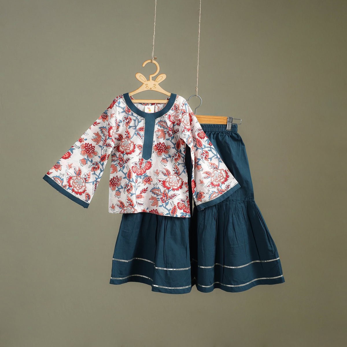 Girls Gota Work Floral Block Print Cotton Kurta with Sharara Set (3-4 Years) 34
