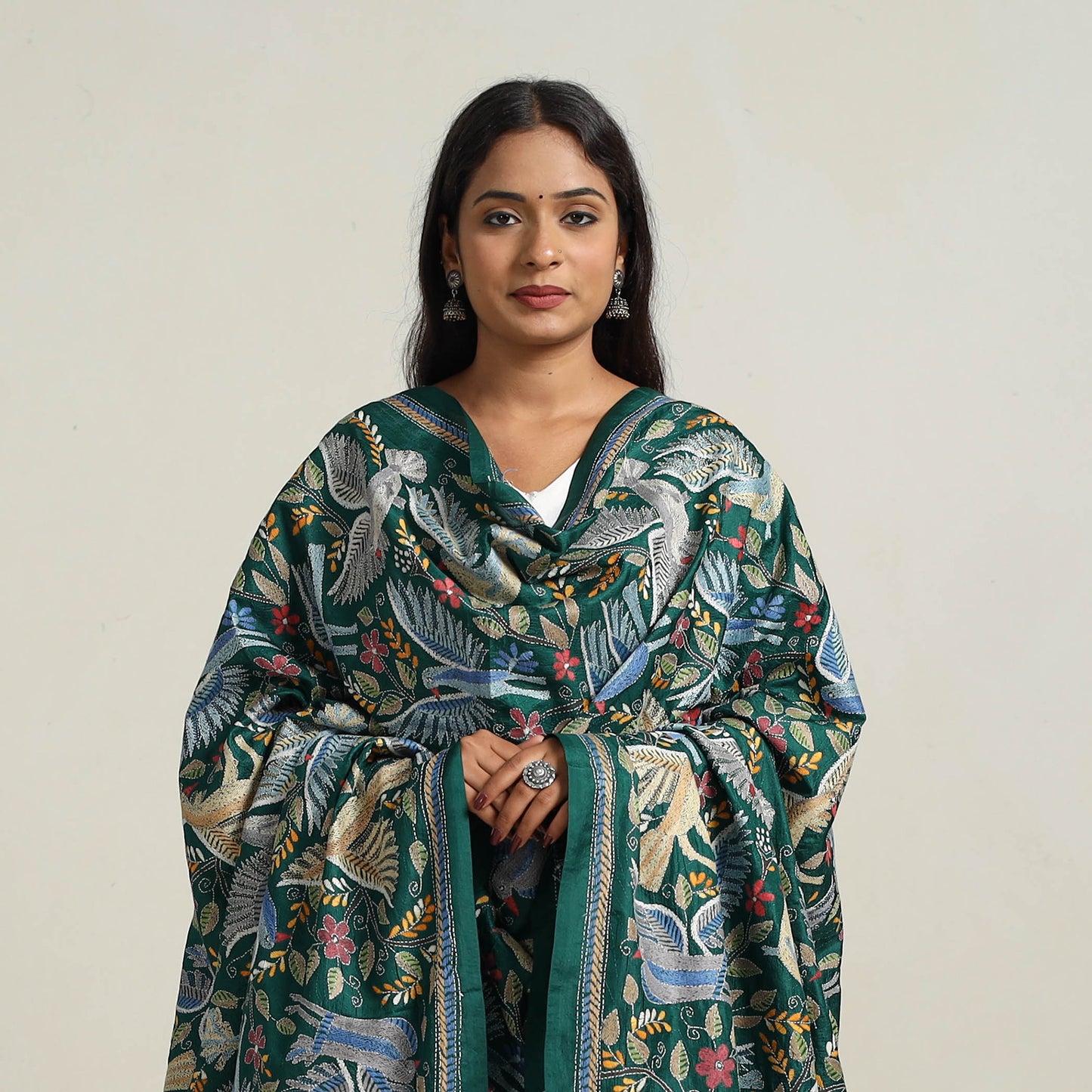 Green - Bengal Handloom Silk Kantha Embroidery Dupatta 10