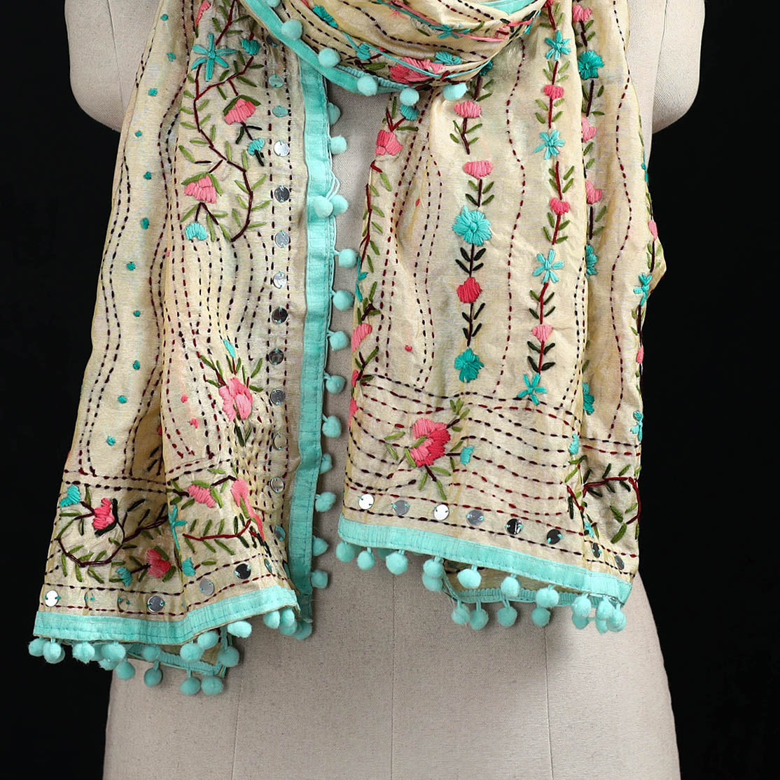 Ranihati Chanderi Silk Hand Embroidered Stole with Pom Pom 190