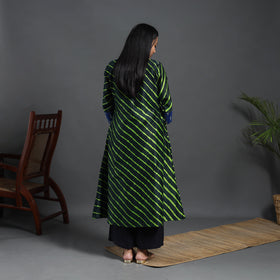 Green Chanderi Silk A-Line Patchwork Tie-Dye Leheriya Kurta for Women