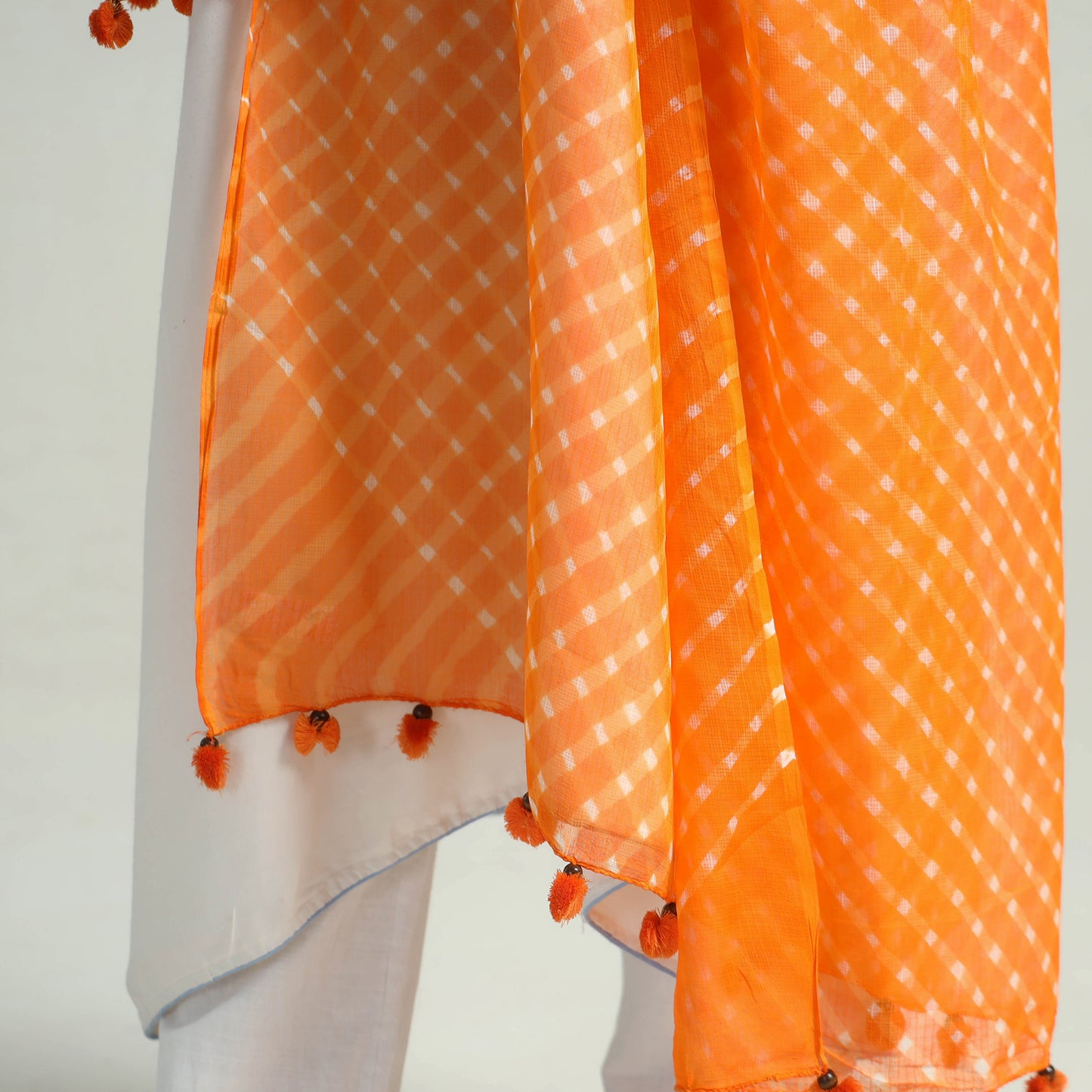 Orange - Leheriya Tie-Dye Mothra Kota Doria Cotton Dupatta with Tassels 36