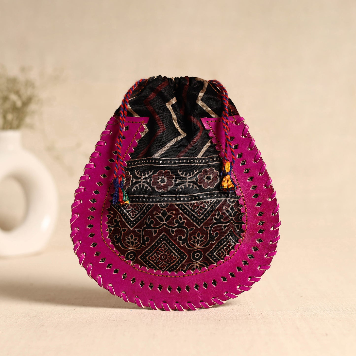 Traditional Kutch Mashru Silk Leather Drawstring Coin Potli 10