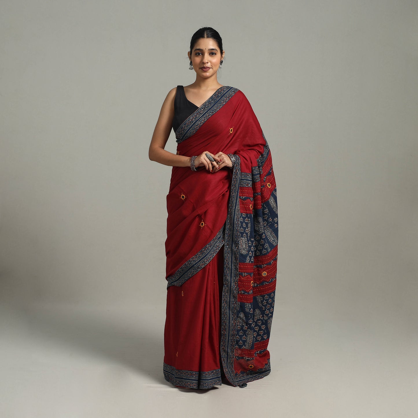 Maroon - Applique Patchwork Mul Cotton Tagai Ajrakh Saree 03