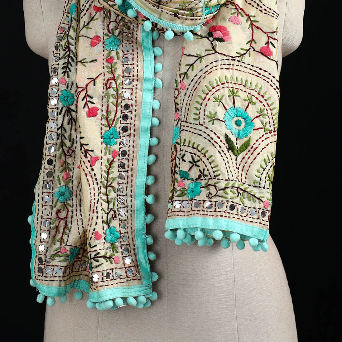 Ranihati Chanderi Silk Hand Embroidered Stole with Pom Pom 191