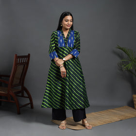 Green Chanderi Silk A-Line Patchwork Tie-Dye Leheriya Kurta for Women