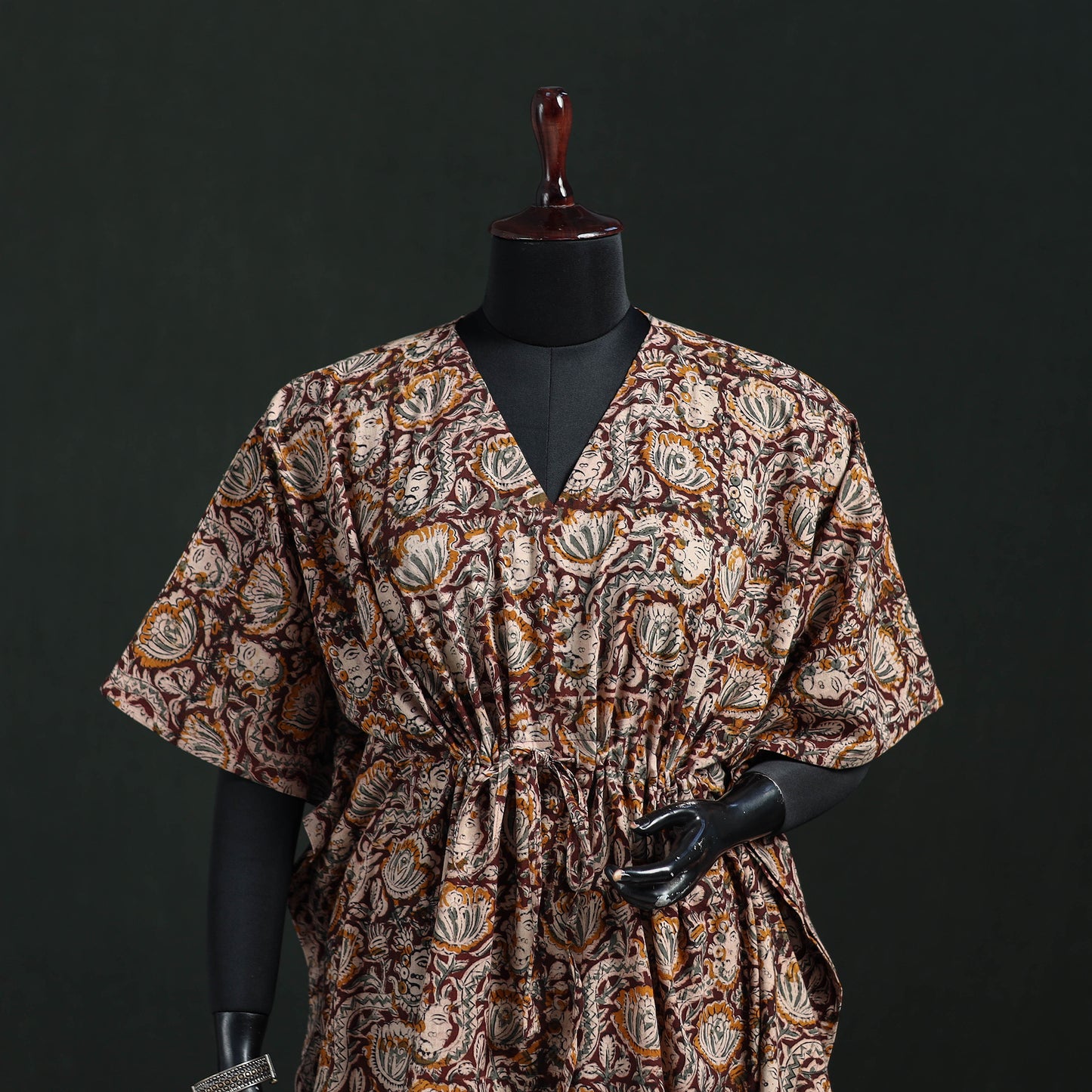 Brown - Kalamkari Hand Block Print Natural Dyed Cotton Kaftan (Short) 23