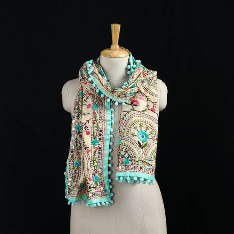 Ranihati Chanderi Silk Hand Embroidered Stole with Pom Pom 191
