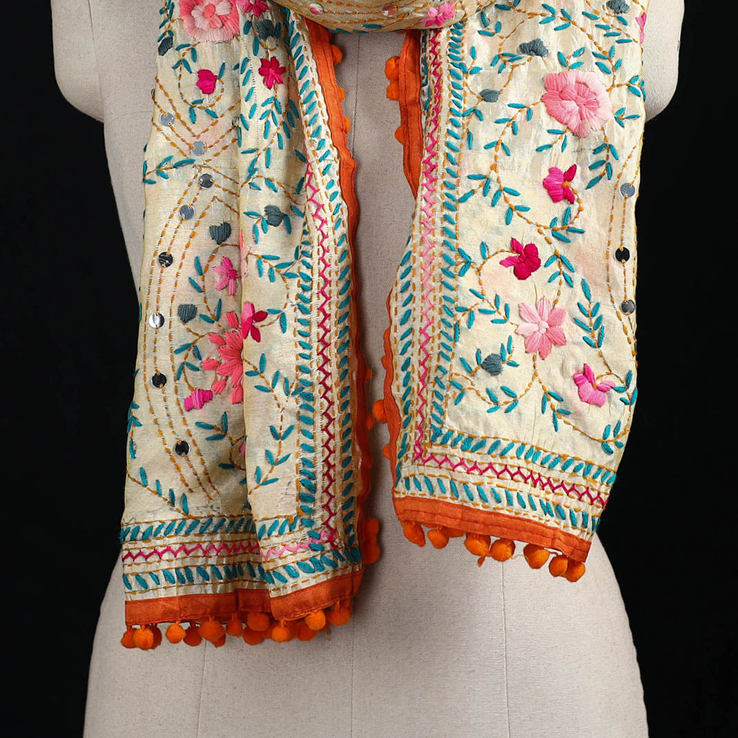 Ranihati Chanderi Silk Hand Embroidered Stole with Pom Pom 192