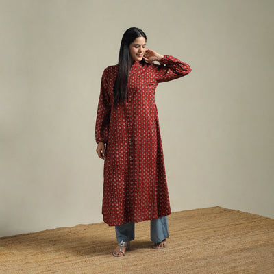 Ajrakh Hand Block Print Natural Dyed Cotton Button Down A-Line Long Kurta for women 03