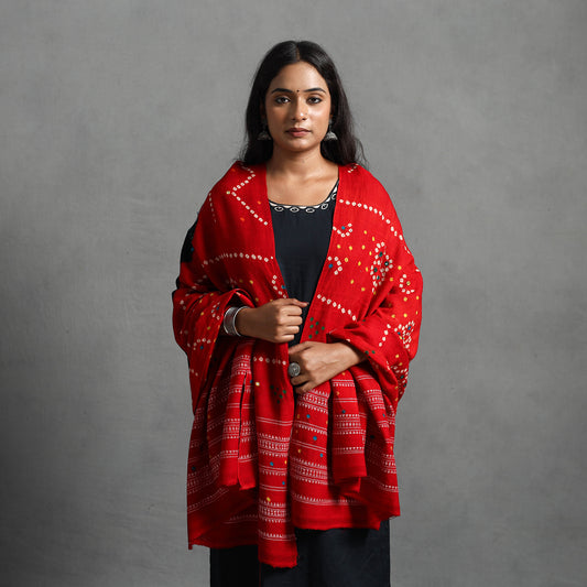 Red - Kutch Mirror Work Handwoven Bandhani Bagida Woolen Shawl 03