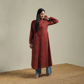 Ajrakh Hand Block Print Natural Dyed Cotton Button Down A-Line Long Kurta for women 03