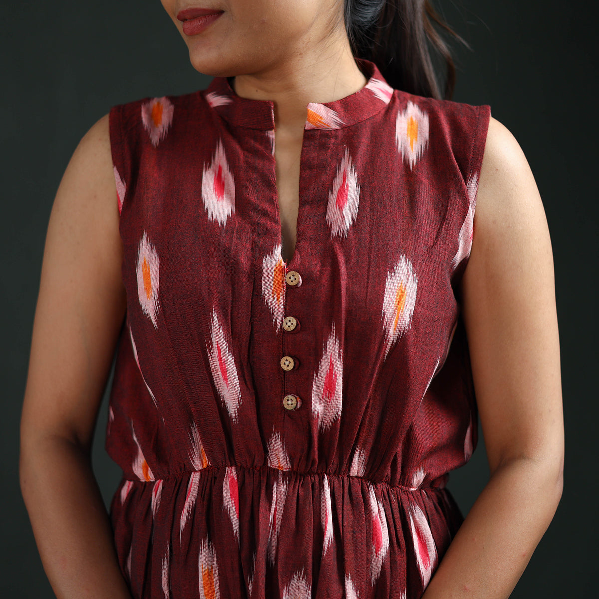 Pochampally Ikat Cotton Sleeveless Tiered Long Dress for Women 08