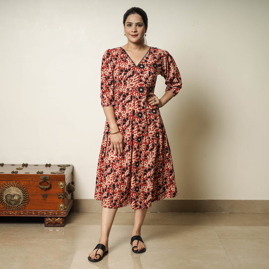 Red - Bagru Block Printed Cotton Flared Dress 01