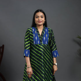 Green Chanderi Silk A-Line Patchwork Tie-Dye Leheriya Kurta for Women