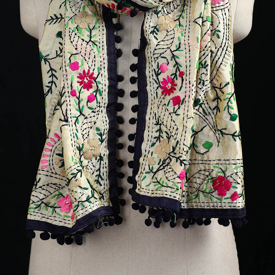 Ranihati Chanderi Silk Hand Embroidered Stole with Pom Pom 193